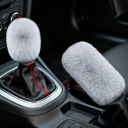 2PCS Plush Car Gear Shift Knob Cover & Handbrake Cover, Shift Knob Protector, Soft Fluffy Gear Handbrake Protective Sleeves, Shifter Lever Brake Handle Warm Plush Set for Cars (Gray) - color: Gray