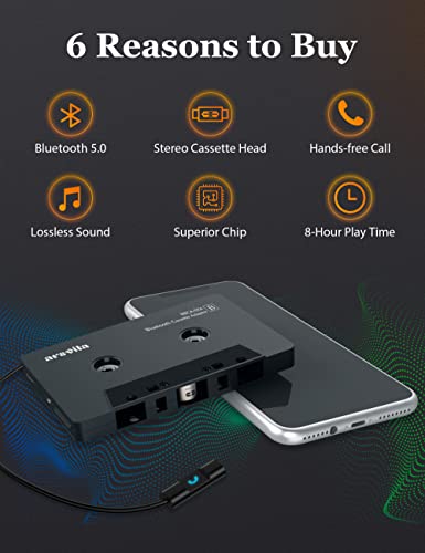 arsvita Bluetooth 5.0 Cassette to Aux Adapter for Car, Tape Audio Adapter, Hands-Free Call, Charcoal Black