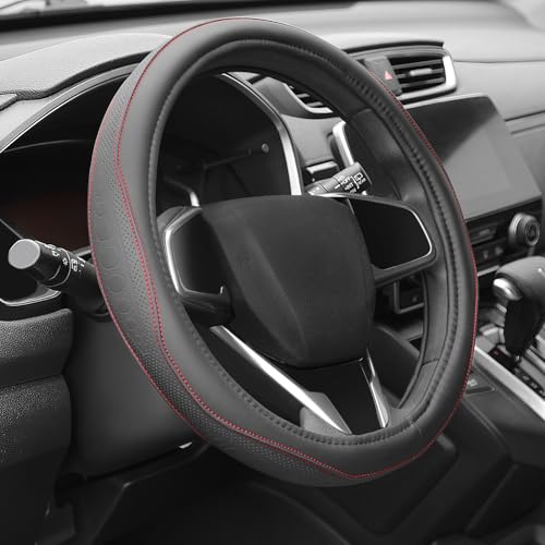 Auto Dynasty Steering Wheel Cover, Breathable Microfiber Leather Car Steering Wheel Protector with Red Stitched, Anti-Slip Inner Rubber Lining, [14 1/2 to 15 Inches] Universal Fit Cars Trucks SUVs - color: Stitched Red A
