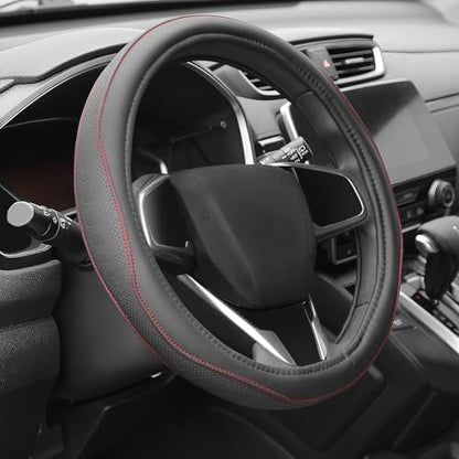 Auto Dynasty Steering Wheel Cover, Breathable Microfiber Leather Car Steering Wheel Protector with Red Stitched, Anti-Slip Inner Rubber Lining, [14 1/2 to 15 Inches] Universal Fit Cars Trucks SUVs - color: Stitched Red A