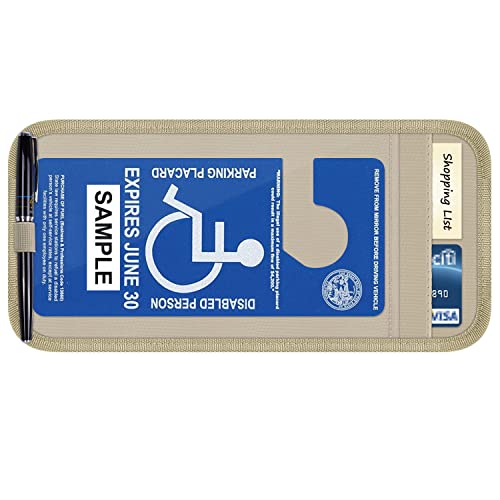 Handicap Placard Holder for Auto, Wisdompro Disabled Parking Permit Sign Protector for Car Sun Visor with Note Paper Slot, Pen Holder and Elastic Strap - Khaki - color: Khaki