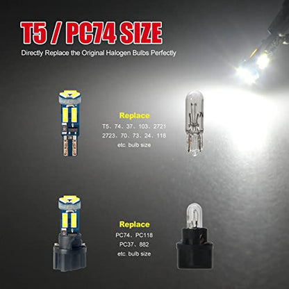 High Bright White T5 37 74 PC74 PC37 LED Bulb with Twist Lock Socket for Dashboard Instrument Panel Gauge Cluster Light and Map Vanity Mirror Glove Box Indicator Light - color: White