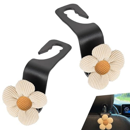 Downhill 2 PCS Car Headrest Hooks, Cute Flower Car Seat Storage Hook, Portable Car Seat Storage Hooks, Universal Car Seat Accessory, Suitable for Wallets and Bag Outer Covers (Beige)