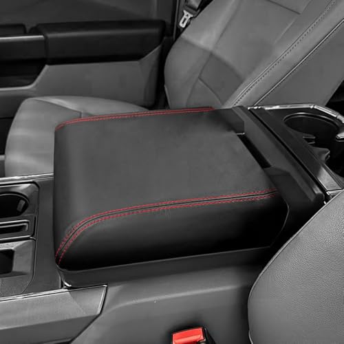 DEYTOP Armrest Cover for 2024 2025 2026 F150 Accessories Center Console Cover for Ford F150 2021-2026 Accessories Armrest Protector (Black with Red Stitches, 21-26 WITH WORK SURFACE CONSOLE) - color: Black with Red Stitches, size: 21-23 WITH WORK SURFACE