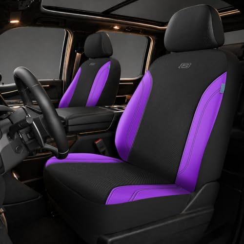 Skechers Work Seat Covers, Leather Seat Covers 5-Times Stronger Built-in Webbing, Oxford Fabric Front Seat Cover, Airbag Compatible, Automotive Comfort for Cars, Trucks, SUVs,Purple - color: Black and Purple, size: Two Front