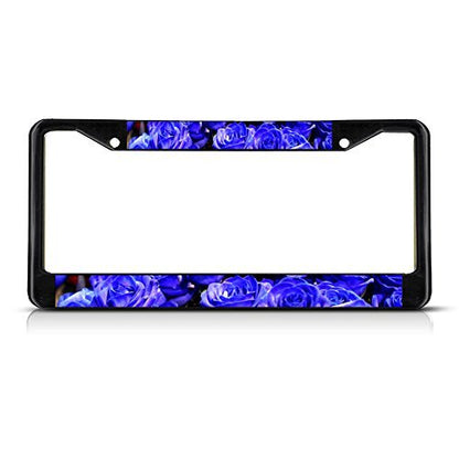 Fastasticdeals Blue Rose Flowers Metal License Plate Frame Tag Border Two Holes Black