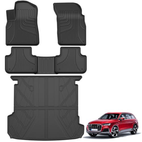 AOMSAZTO Floor Mats & Cargo Liner Fit for 2017-2025 2026 Audi Q7/SQ7 - Custom Fit All Weather TPE Rubber Floor Liners for Audi Q7 1st & 2nd Row & Trunk Mat Full Set Car Mats, Black - style: 5) for Audi Q7 | 2017-2026 | Floor+Cargo Mats