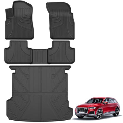 AOMSAZTO Floor Mats & Cargo Liner Fit for 2017-2025 2026 Audi Q7/SQ7 - Custom Fit All Weather TPE Rubber Floor Liners for Audi Q7 1st & 2nd Row & Trunk Mat Full Set Car Mats, Black - style: 5) for Audi Q7 | 2017-2026 | Floor+Cargo Mats