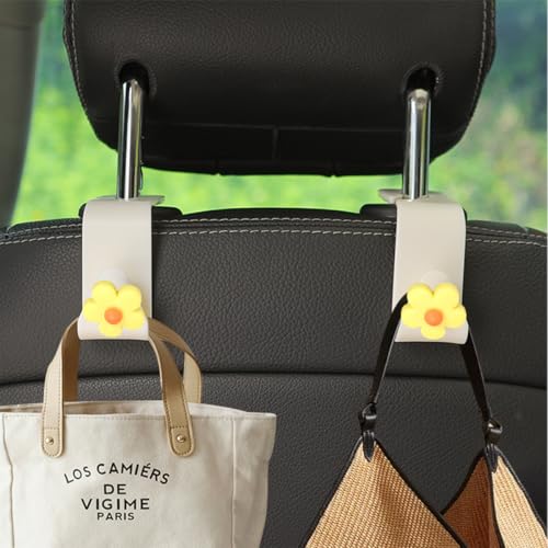 4 PCS Car Headrest Hook, Multifunctional Flower Vehicle Seat Back Storage Hook, Cute Automotive Seatback Organizer Hanger for Purse Grocery Bag Handbag, Universal Fit (Beige/Yellow) - color: Beige/Yellow