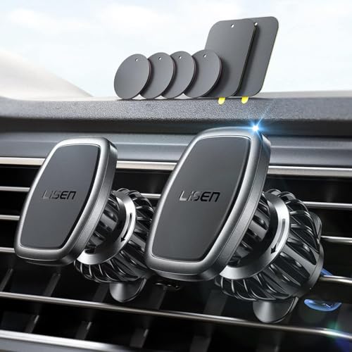 LISEN 2 Pack Magnetic Phone Holder for Your Car Magnet for Phone Car Mount Vent 6 Military Magnets Vent Cell Phone Holder Mount for Car Plate Fit All, Gifts for Women Men, Car Accessories - color: Black