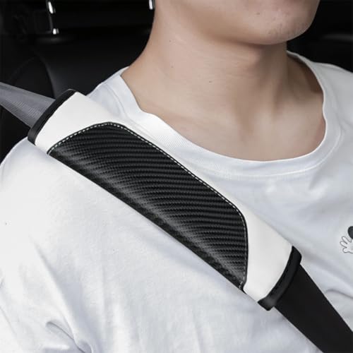 2PCS Carbon Fiber Car Seat Belt Cover, Leather Comfortable Soft Vehicle Seatbelt Pad for Shoulder & Neck, Automotive Interior Seat Strap Cushion Mat, Universal Fit (Black/White) - color: Black/White