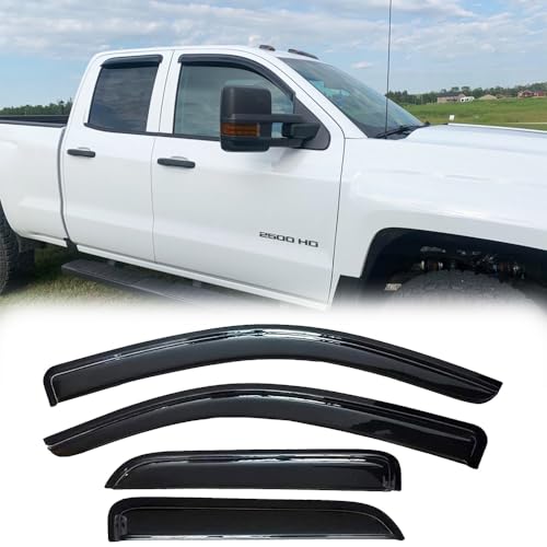Waterproof Sunproof Side Window Visors Rain Guards fit for 2014-2018 Chevrolet Silverado/GMC Sierra 1500/2500HD/3500HD Double Cab, 4pcs New Protective Replacements Wind Deflectors Set 94528 - size: 14-18 Double/Extend Cab（Half Rear Door)