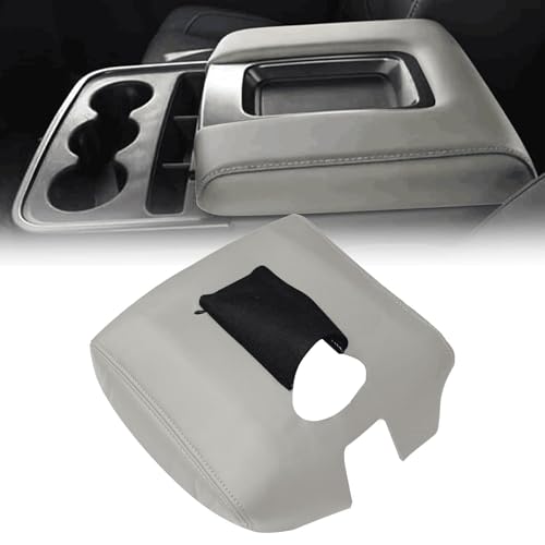 SecosAutoparts Light Gray Leather Center Console Leather Lid Armrest Cover Replacement Compatible with Chevy Silverado 2014-2018 Compatible with GMC Sierra 2014 2015 2016 2017 2018 - color: Light Gray Leather & Light Gray Stitch
