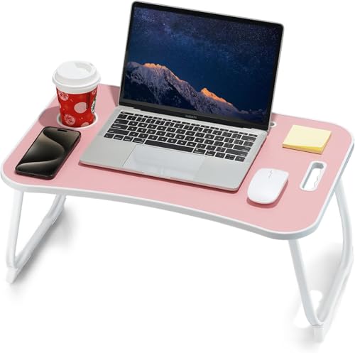 ZEAPTAC Laptop Bed Desk, Foldable Lap Desk, Portable Lap Table, Laptop Stand with Cup Holder & Tablet Slot & Lifting Handle for Working Writing Drawing & Eating - Rose Pink - color: Rose Pink