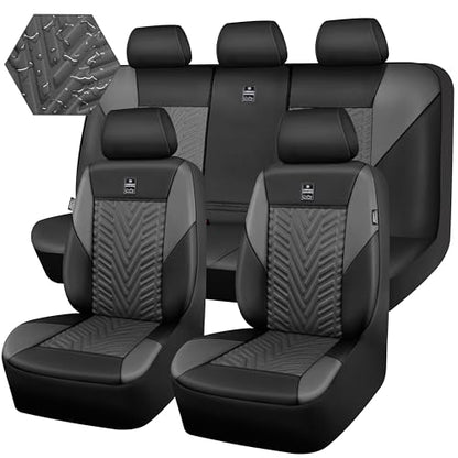 CAR PASS Faux Leather Car Seat Covers, 3D Tyre Embossed Waterproof Universal Fit 5 Seat Covers for SUV, Automotive Truck, Scratch Proof, Airbag Compatible (Deluxe Full Set,Black Gray) - color: Black Gray