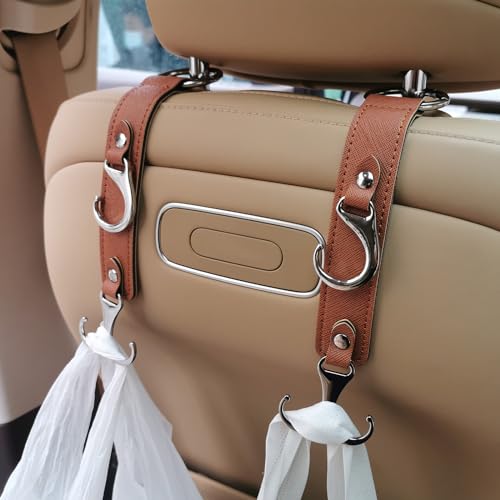 Car Purse Hook for Men Women-Upgraded 3 in 1 Stronger Superior Leather Car Purse Holder Vehicle Seat Headrest Hanger Hooks for Grocery Bag Coats Umbrellas Handbag Car Hooks Car Accessories Interior - color: Brown