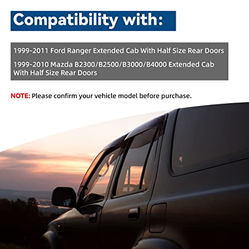 4pcs in Channel Smoke Tint Sun Rain Guard Front Rear Out Mount Tape-On Vent Window Visors Compatible with 99-11 Ranger 99-10 B2300/B2500/B3000/B4000 Super/Extended Cab with Half Size Rear Doors - size: Compatible with 1999-2011 Ford Ranger