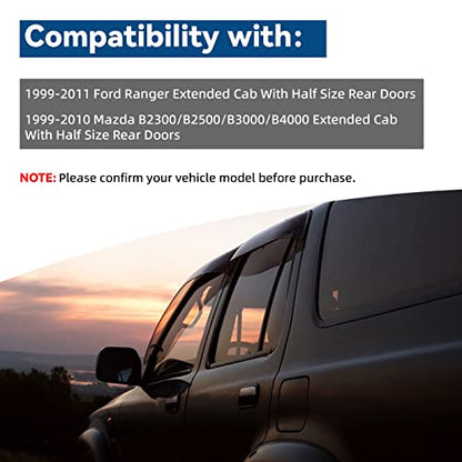 4pcs in Channel Smoke Tint Sun Rain Guard Front Rear Out Mount Tape-On Vent Window Visors Compatible with 99-11 Ranger 99-10 B2300/B2500/B3000/B4000 Super/Extended Cab with Half Size Rear Doors - size: Compatible with 1999-2011 Ford Ranger