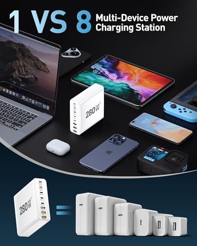 280W USB C Charger Block, 8-Port USB C Charging Station GaN III PD 65W Laptop Charger Adapter Compatible with MacBookPro/Air,DELL,iPad,Portable Charging Station for iPhone,Samsung Galaxy (White) - color: White