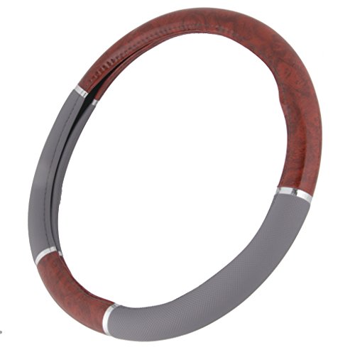 BDK Dark Wood Grain Car Steering Wheel Cover, Standard 15 inch with Gray Faux Leather Grip, Made to Fit Most Auto Truck Van SUV - color: #10 Gray / Dark Wood, size: Fits 14.5 - 15" Sw