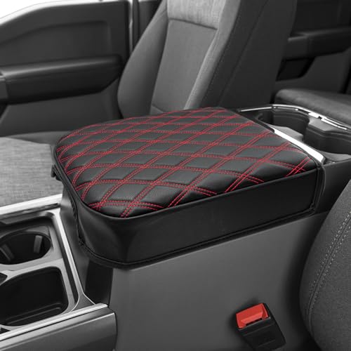 KBH Center Console Armrest Cover for Ford F250 F350 F450 F550 2023 2024 2025 2026, Bucket Seat Console, Super Duty Accessories, Arm Rest Lid Cushion Covering, Anti-Scratch, Black-Red Stitch - size: Bucket Seat, 23-26 F250-F550, Red Stitch