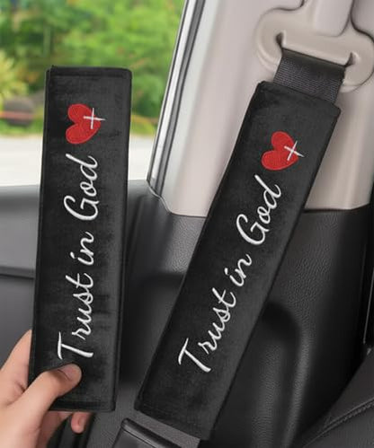 2 Pack Car Seat Belt Cover Pad with 3 PCS Trust in God Rearview Mirror Stickers,Soft Seatbelt Cushion Covers, Christian Car Accessories Gifts for Women and Men - color: Trust in God White