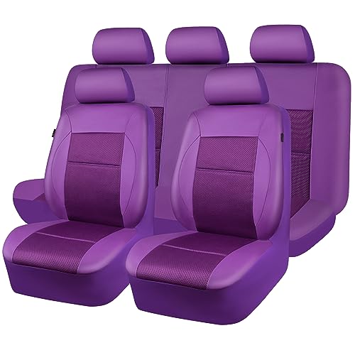 CAR PASS Leather Seat Covers Breathable Air Mesh Car Seat Cover Full Set Super 5mm Sponge Inside, Airbag Compatible, Universal Automotive Interior Cover Fit for Car SUV Truck Van (Solid Purple) - color: Purple, size: All Seats