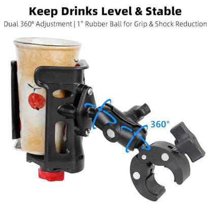 Motorcycle Cup Holder, Upgraded Adjustable Angle Drink Holder for Large Water Bottles (2.36" to 3.54" Dia), Universal Water Bottle Holder for Bike Scooter Boat Stroller Golf Push Cart Wheelchair