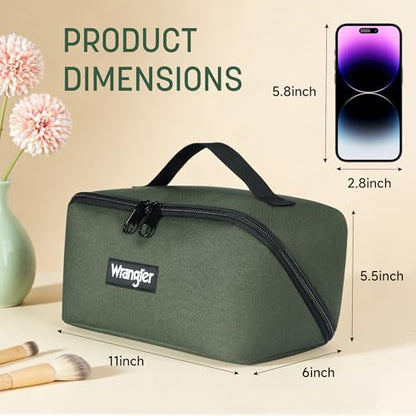 Wrangler Travel Toiletry Bag for Men & Women, Large Capacity Makeup Organizer with 4 Pockets, Water-Resistant Nylon, 180° Lay-Flat Cosmetic Bag with Handle & Double Zipper for Travel, Bathroom & Gym - color: Olive