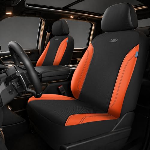 Skechers Work Seat Covers, Leather Car Seat Covers 5-Times Stronger Built-in Webbing, Oxford Fabric Front Seat Cover, Airbag Compatible, Automotive Comfort for Cars, Trucks, SUVs,Orange - color: Black and Orange, size: Two Front