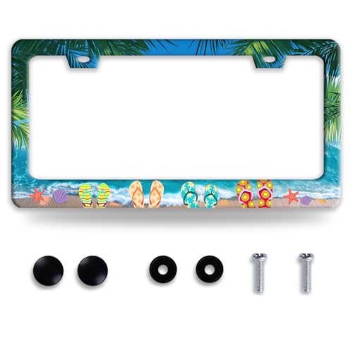 Sea Beach Slippers License Plate Frame Stainless Steel Hawaiian Palm Tree License Plate Holder Personalized Funny Car Decorative Parts for Standard Us Canada Vehicles 12.3 x 6.3 Inch - color: Funny Hawaii Sea Beach Slippers