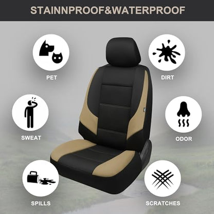 GIANT PANDA Neoprene Full Set Car Seat Covers, Leak-Proof & Waterproof Front&Rear/Back Car Seat Protector Fit 95% Cars Sedans SUV（Beige+Black） - color: Beige&Black, size: Full Set