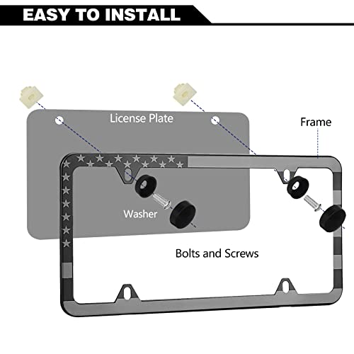 American Flag License Plate Frames, 2 Pack Black Patriotic USA Car Plate Frame, Aluminum License Plate Holder with Free Screws Fasteners Caps and Tool - color: Black Grey-USA Flag