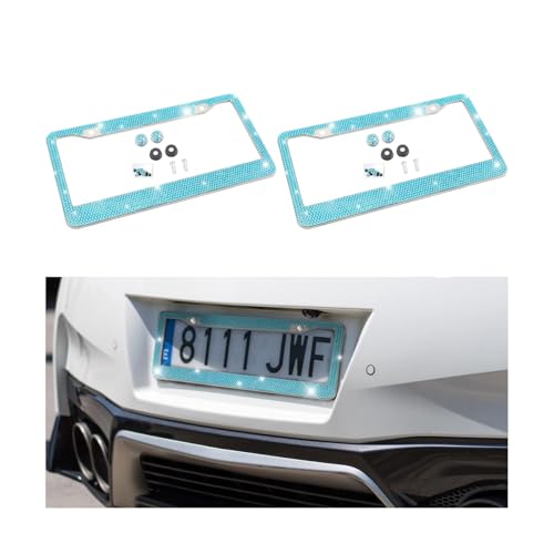 Bling 2PCS Car License Plate Frame, Handcrafted Crystal Stainless Steel License Plate Frame, Sparkly, Durable, Universal Fit, Car Accessories for Girls, Women (Light Blue) - color: Light Blue, size: 2PCS