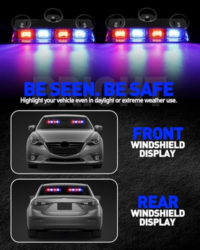 HLauto 2002L Emergency Dash Strobe Lights: Red Blue Safety Lights, Flashing Warning Hazard Windshield Visor Traffic Light Bars for Trucks, Construction Vehicles (2x8.5 inch, 48LED) - color: Red/Blue