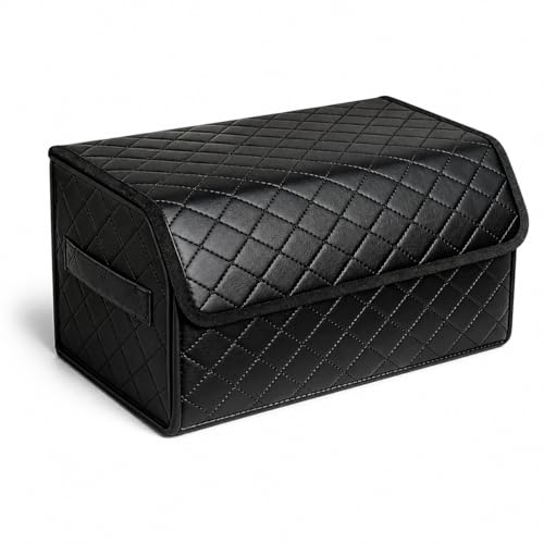 Leather Trunk Organizer for SUV & Sedans - Extra Large Foldable Car Storage Box with Lid, Adjustable Removable Dividers and Carry Handle, Collapsible Auto Cargo Organizer Black
