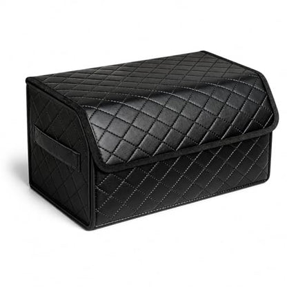 Leather Trunk Organizer for SUV & Sedans - Extra Large Foldable Car Storage Box with Lid, Adjustable Removable Dividers and Carry Handle, Collapsible Auto Cargo Organizer Black