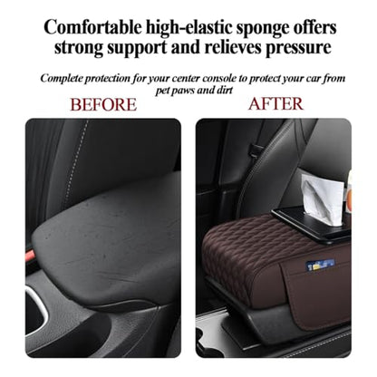 HZEL 5-in-1 Car Center Console Cover, Multifunctional Vehicle Armrest Box Mat with 2 Storage Bags Tissue Box Cup Holder Phone Slot, Automotive Interior Arm Rest Cover, Universal Fit (Coffee) - color: Coffee