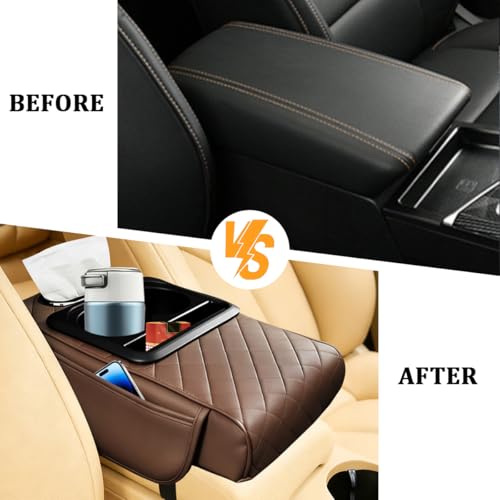 Car Center Console Armrest Box Mat, Nappa Leather Armrest Box Cover with Tissue Box, Cup Holder & Phone Holder, Middle Console Arm Rest Protection Pillow, Universal for Vehicles (Brown) - color: Brown