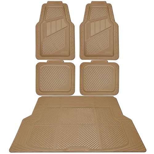 CAR PASS Heavy Duty Rubber Floor Mats Gray Car Mats Full Set with Trunk Cargo Liner - Universal Waterproof Floor Mats for Car SUV Truck, Durable All Weather Automotive Liner Mats (All Beige) - color: Beige Cargo Liner