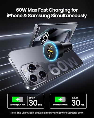 PISEN 60W USB C Car Charger - Car Phone Charger Adapter PD30W & QC3.0 Fast Charging, Car USB Charger Multi Port, Cigarette Lighter USB Charger, Car Charger with LED for iPhone 17/16/15/14/13/12 Series