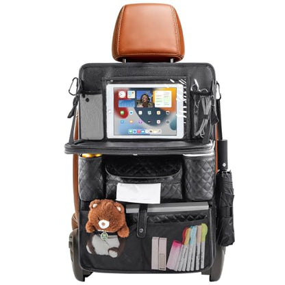 Car Seat Organizer with Foldable Table Tray - 11 Storage Pockets PU Leather Backseat Organizer with Tablet Holder, Seat Back Protector Kick Mat for Kids Family Road Trip Accessories (Black) - size: 1 Pack
