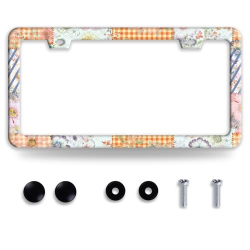 Floral Art Collage License Plate Frame Beautiful Flowers License Plate Frames Funny Stainless Steel Accessories Cars Decor with 2 Holes and Screws Fits Standard Us Ca Vehicles Holder 12.2 X 6 Inch - color: Floral Art Collage