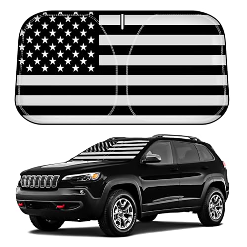 D-Lumina Windshield Sun Shade for 2014-2023 Jee'p Cherokee Accessories (Not for Grand Cherokee), Front Window Sunshade American Flag Sun Visor Protector Block UV Rays, Foldable 2 Layers 210T Material - size: Silver & Black-Fit 2014-2023 Jeep Cherokee