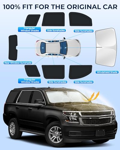 for Chevrolet Tahoe 2015-2020 Car Window Shades, 8pcs Privacy Sun Shade Set for Front Windshield Side and Rear Windows, Full Window Covers Keeps Vehicle Cool for Camping Napping - size: fit for Chevrolet Tahoe 2015-2020