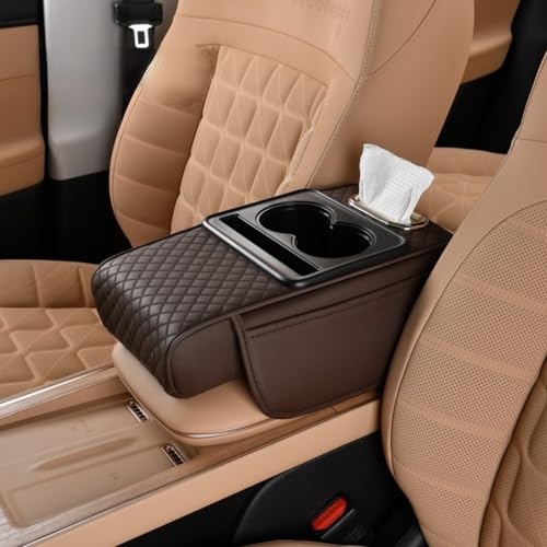Car Center Console Pad Leather Armrest Pad w/Cup Holder, Tissue Box Slot, Side Bag, Phone Slot for Car Sedans (Embossed, Coffee) - color: Coffee, style: Embossed