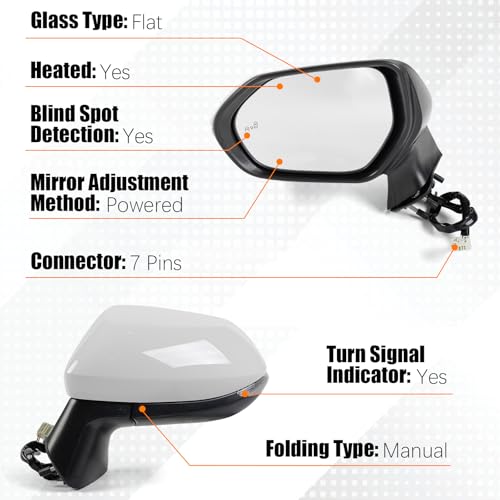 Driver Left Side Mirror Assembly Replace for 2020-2025 Toyota Corolla Heated, Manual Folding, Power Adjustable, Turn Signal, W/Blind Spot, Replace #87940-02920, 7Pins White