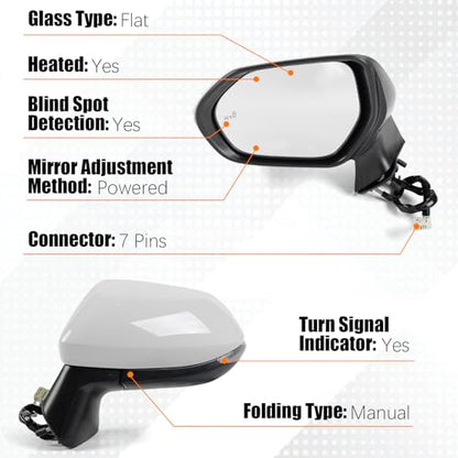 Driver Left Side Mirror Assembly Replace for 2020-2025 Toyota Corolla Heated, Manual Folding, Power Adjustable, Turn Signal, W/Blind Spot, Replace #87940-02920, 7Pins White