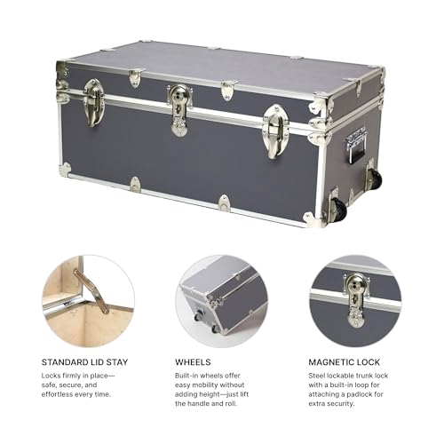Rhino Trunk & Case Large Essential Trunk With Wheels 32”x18”x14”, 1000+ lbs Capacity - Many Colors. Strong, USA Made Summer Camp Footlocker, and Secure College Dorm Storage Chest - color: Slate