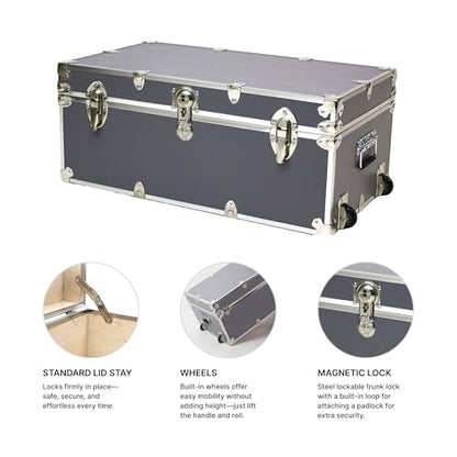 Rhino Trunk & Case Large Essential Trunk With Wheels 32”x18”x14”, 1000+ lbs Capacity - Many Colors. Strong, USA Made Summer Camp Footlocker, and Secure College Dorm Storage Chest - color: Slate